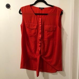High low red blouse pockets and tie front